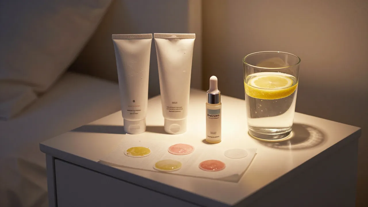 Nightstand acne care routine with patches, cleanser, spot treatment serum, and glass of water