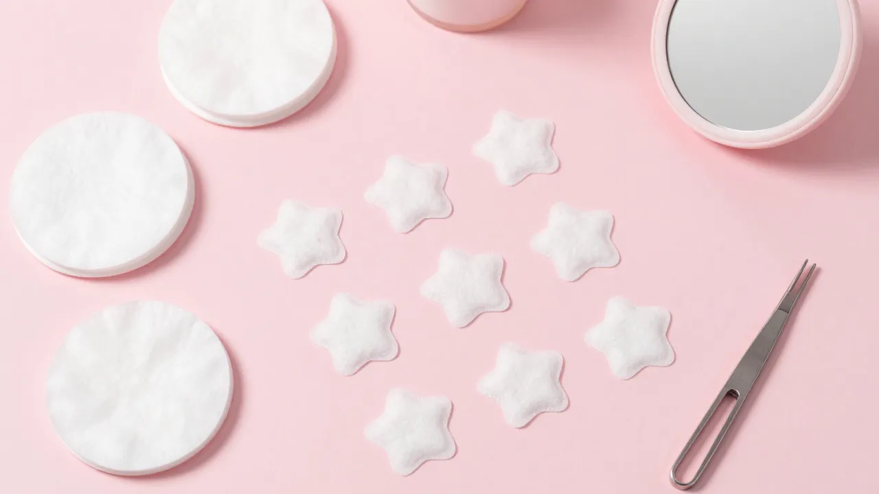 Acne pimple patches flat-lay on pink vanity: star-shaped hydrocolloid patches, cotton pads, and mirror compact