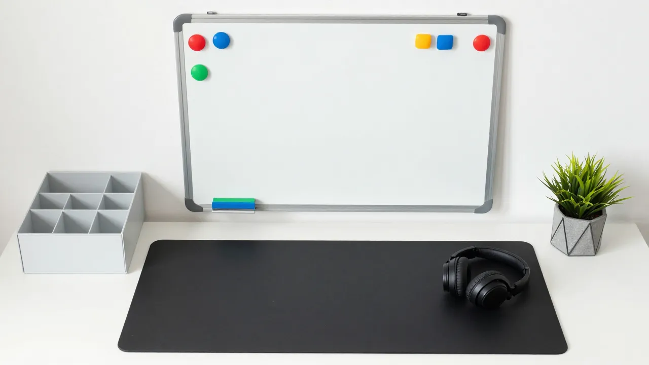 Organized workspace with ADHD accommodations including standing desk mat, whiteboard, and noise-canceling headphones
