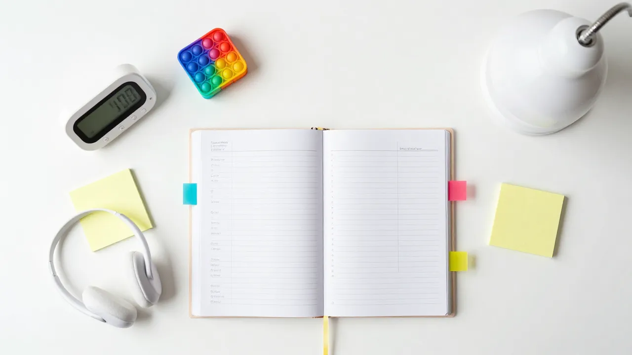 ADHD-friendly productivity tools flat-lay with visual timer, fidget cube, noise-canceling ear plugs, and color-coded planner