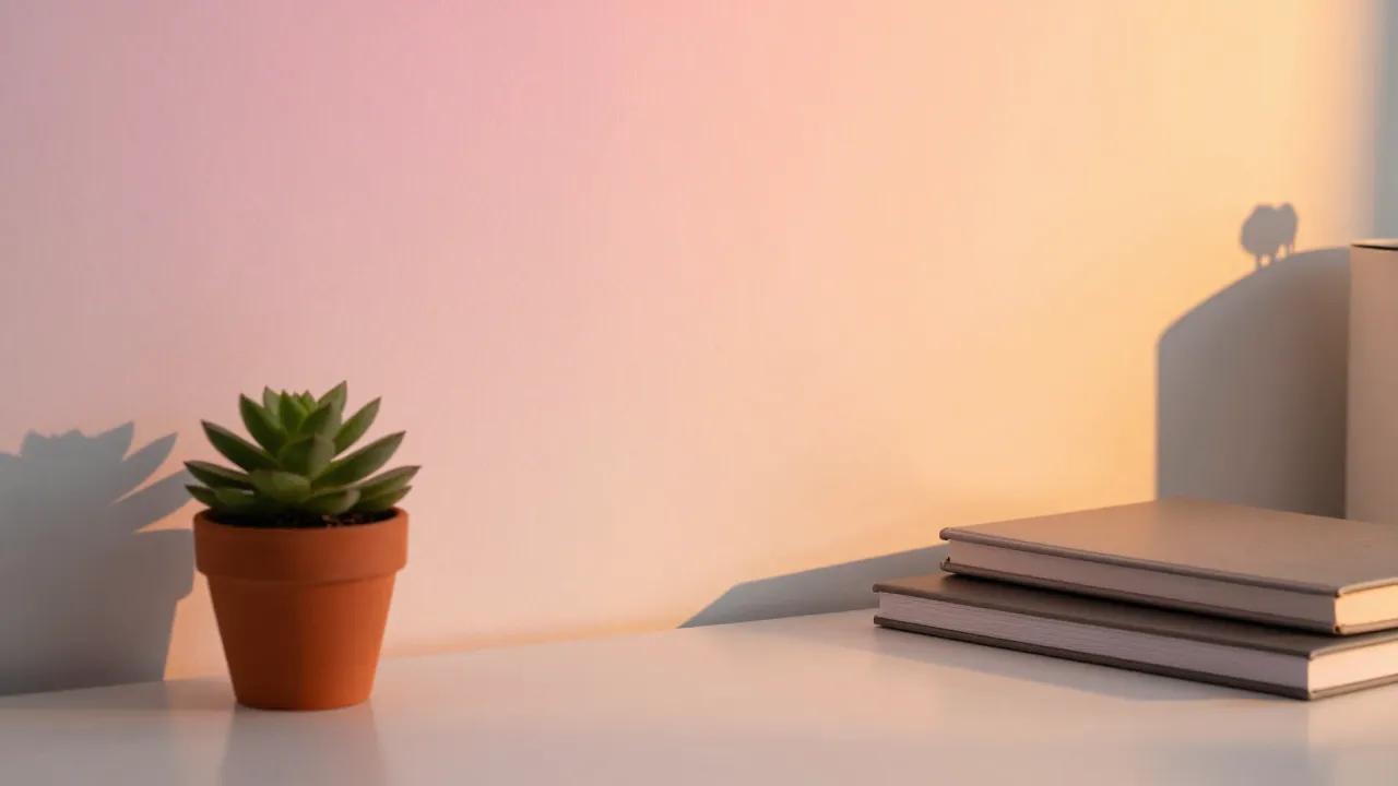 Cozy desk setup with sunset projector lamp casting warm gradients, succulent in terracotta pot, and stacked journals
