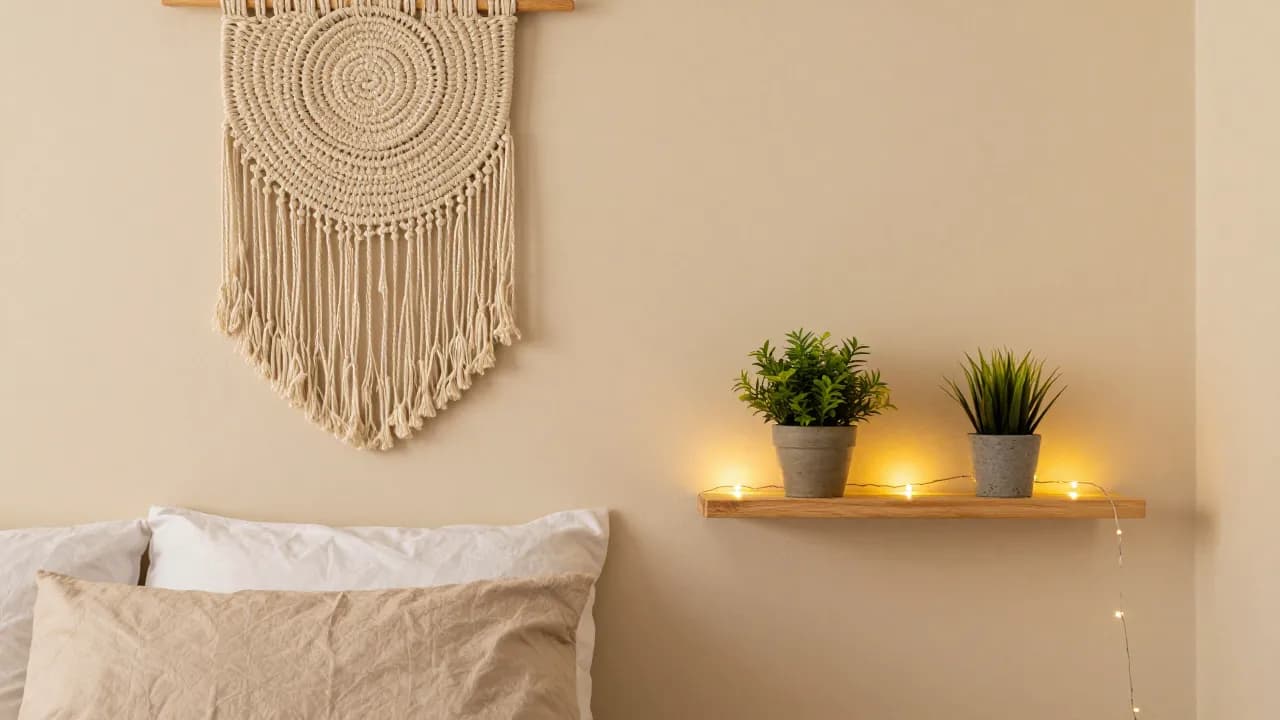 Dreamy boho bedroom corner with warm lighting, layered neutral textiles, woven wall hanging, and potted plants on floating shelf