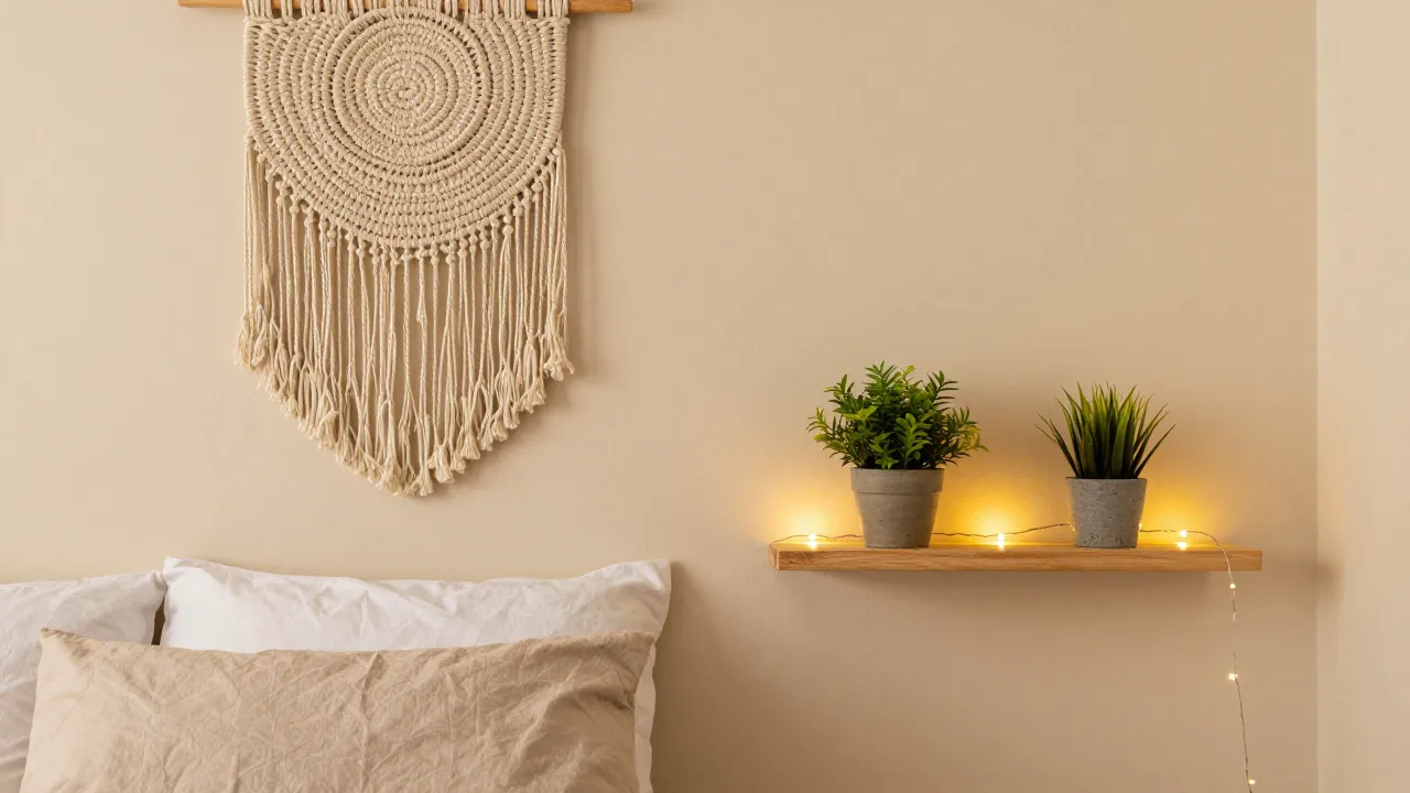 Dreamy boho bedroom corner with warm lighting, layered neutral textiles, woven wall hanging, and potted plants on floating shelf