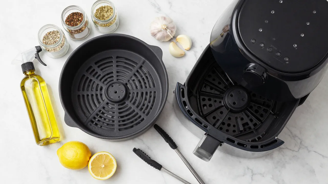 Air fryer prep station with silicone basket liner, avocado oil spray, seasonings, garlic, and lemon wedges on marble