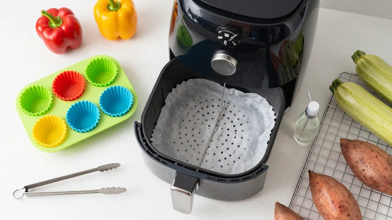 Air fryer accessories on kitchen counter with silicone baking cups, parchment liner, skewers, and fresh vegetables