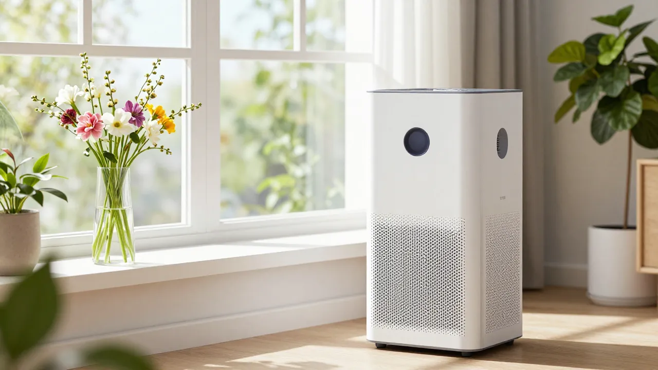 HEPA air purifier in bright room with spring flowers and green plants