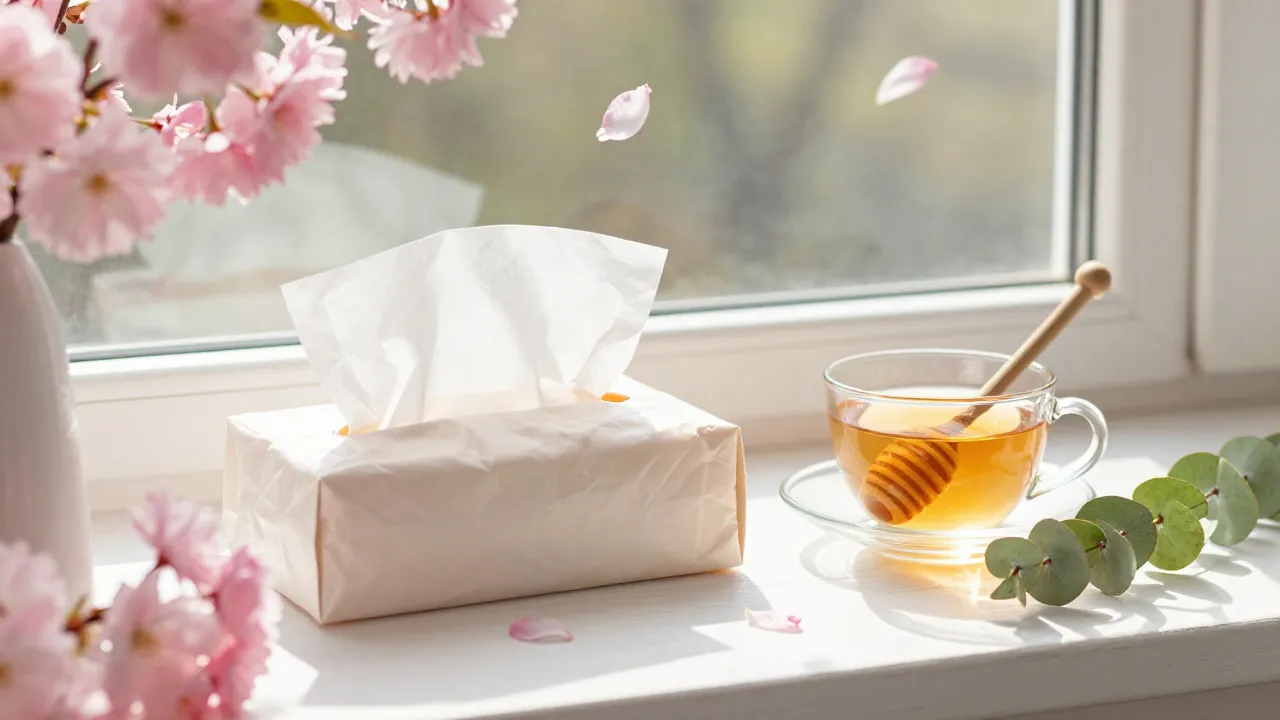 Spring allergy relief scene with flowers, herbal tea, and eucalyptus on sunlit windowsill