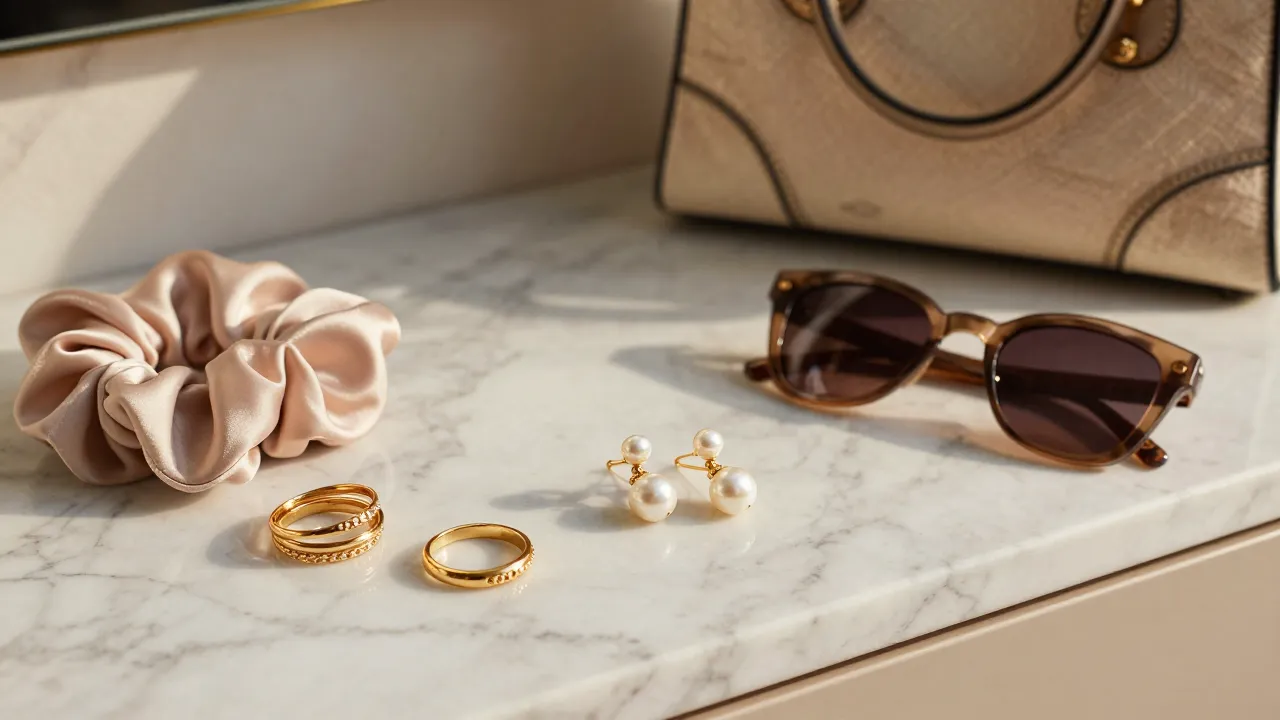 Fashion accessories on marble vanity — gold rings, pearl earrings, silk scrunchie