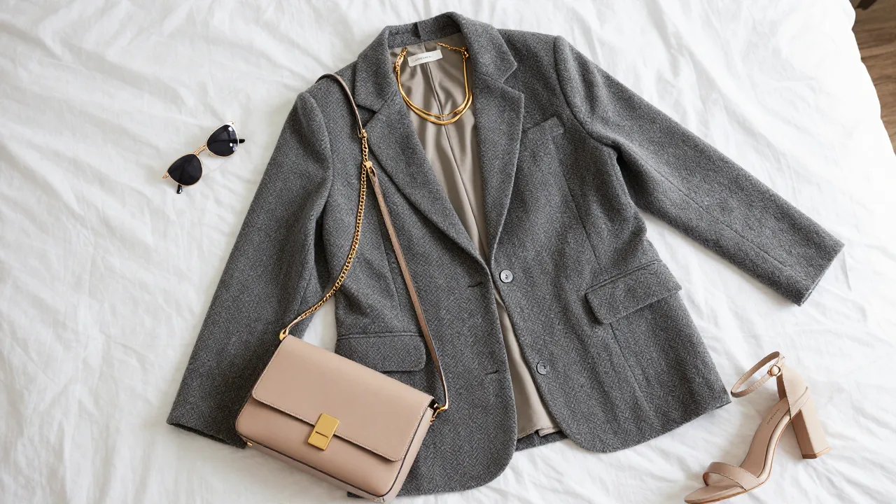 Stylish fashion flat-lay with blazer, gold jewelry, sunglasses, and crossbody bag on white sheets