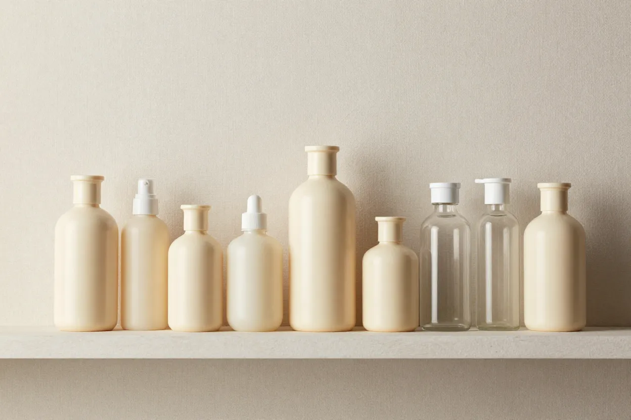 Organized vanity shelf of unlabeled ivory and clear glass bottles on pale linen