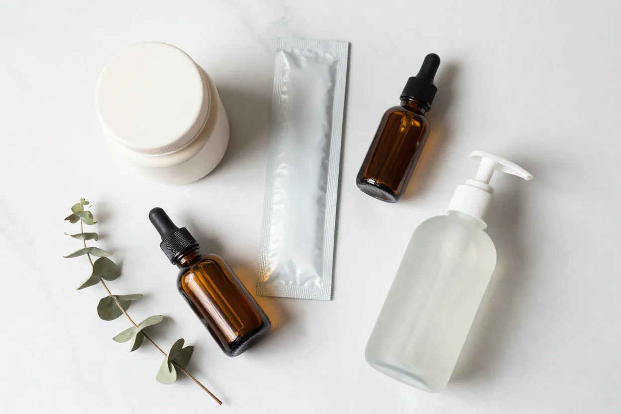Overhead flat-lay of unlabeled multi-pack health and beauty products on pale marble — ivory jars, amber dropper bottles, frosted glass pump bottles, dried eucalyptus