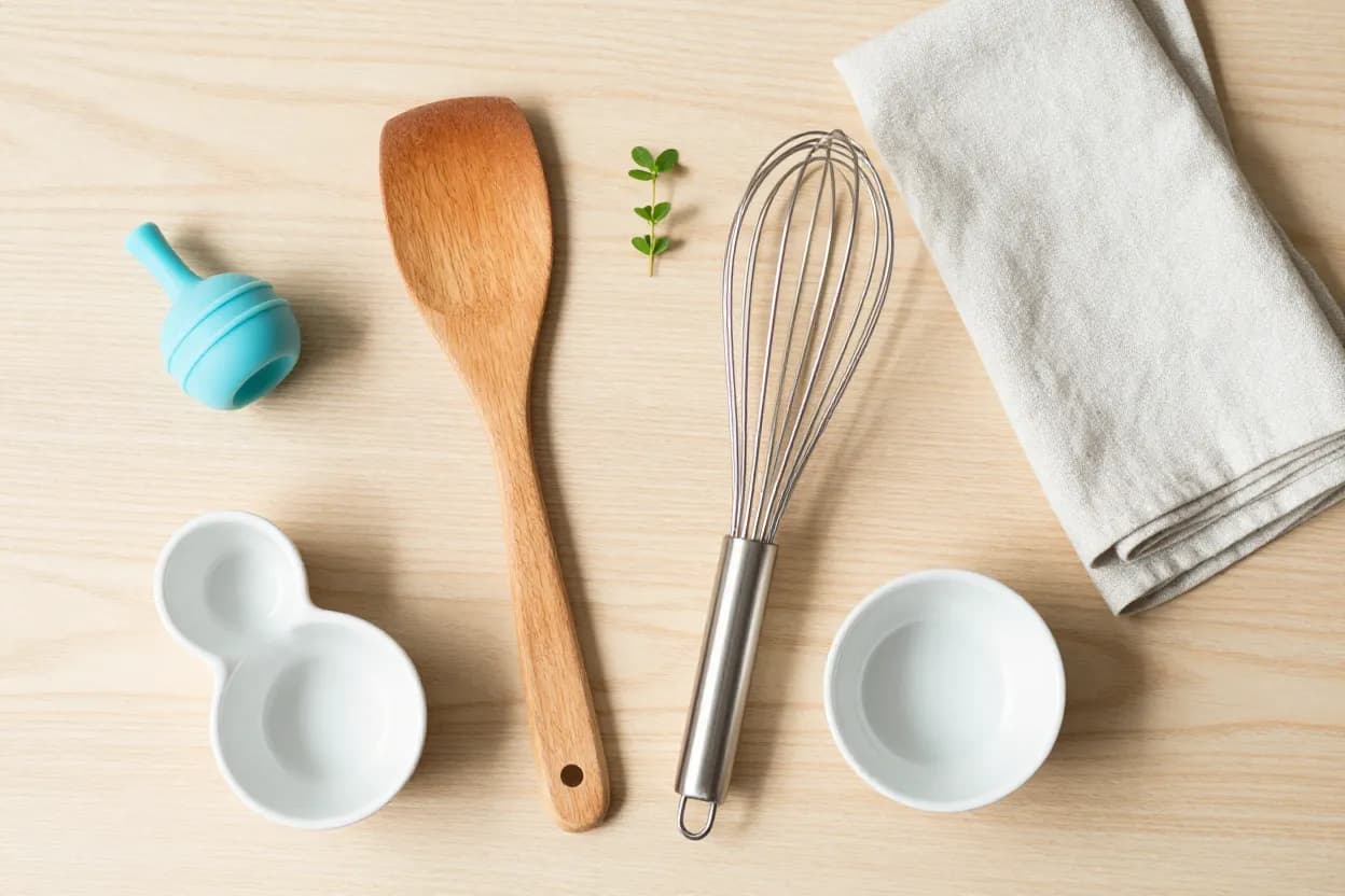 Overhead flat-lay on pale oak of curated kitchen gadgets — wooden spatula, stainless steel whisk, ceramic measuring cups, small silicone oil dispenser, folded linen tea towel, fresh herbs