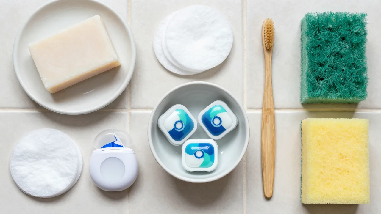 Personal care and cleaning essentials flat-lay with bar soap, cotton rounds, bamboo toothbrush, and sponges on tile