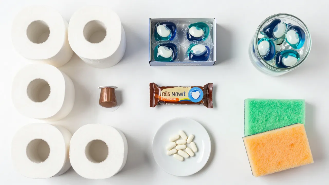 Household essentials grid flat-lay with coffee pods, protein bars, laundry pods, vitamins, and cleaning sponges