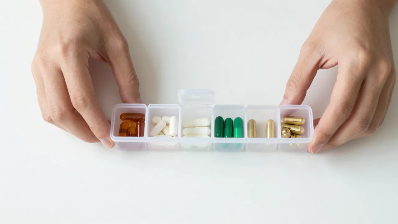 Hands organizing supplement capsules into weekly pill organizer on clean white desk