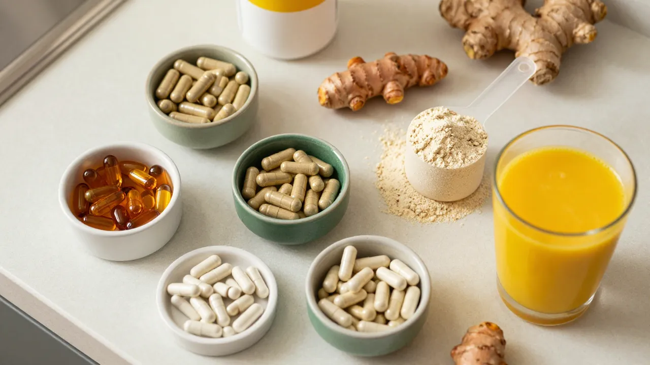 Wellness supplement haul on kitchen counter — capsules in ceramic bowls, protein powder, turmeric, and golden milk