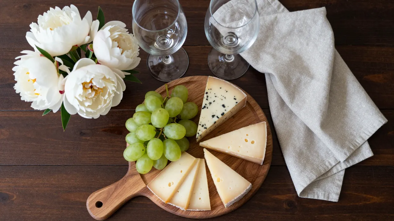 Date night at home setup with charcuterie board, wine glasses, white peonies on dark wood table