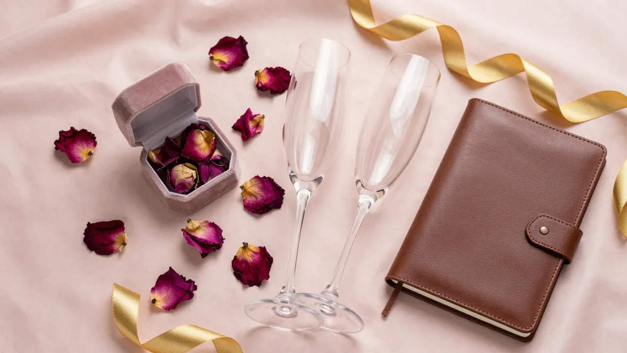 Romantic flat-lay gift arrangement on blush pink silk with velvet jewelry box, champagne flutes, and gold ribbon