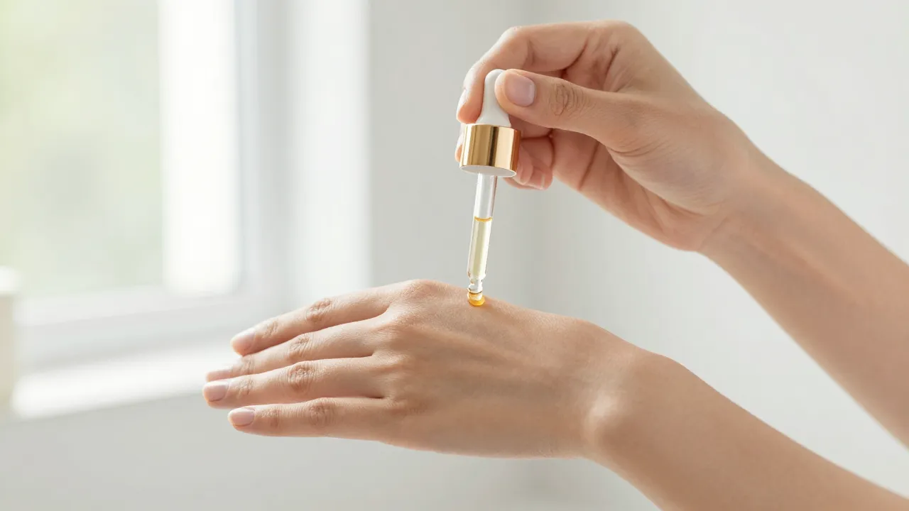 Close-up of golden serum drop being applied from glass dropper onto hand in natural light