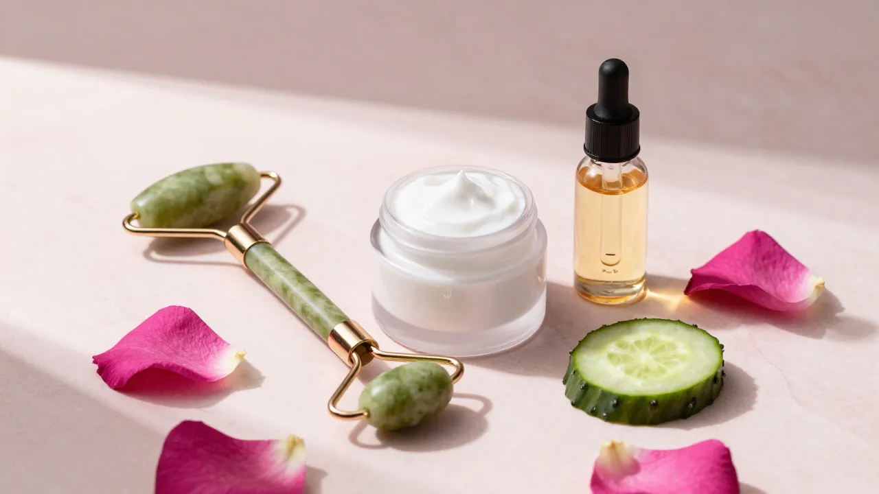 Jade roller, retinol serum dropper, face cream, and rose petals on pink marble surface