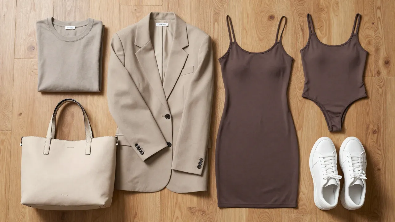 Overhead flat-lay of curated capsule wardrobe with folded basics in muted tones on wooden floor