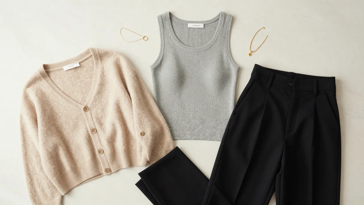 Minimalist fashion flat-lay with ribbed knit tank, wide-leg trousers, cropped cardigan, and gold jewelry on cream marble