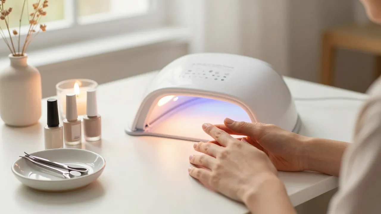 At-home gel manicure scene with a UV LED nail lamp curing gel polish, neutral-tone gel polish bottles, nail tools in a ceramic dish and a lit candle on a warm white desk