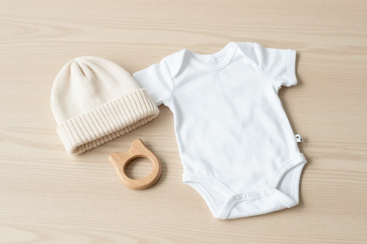 Editorial still-life of a small wooden teether, knit cream hat, and folded cotton onesie on pale oak