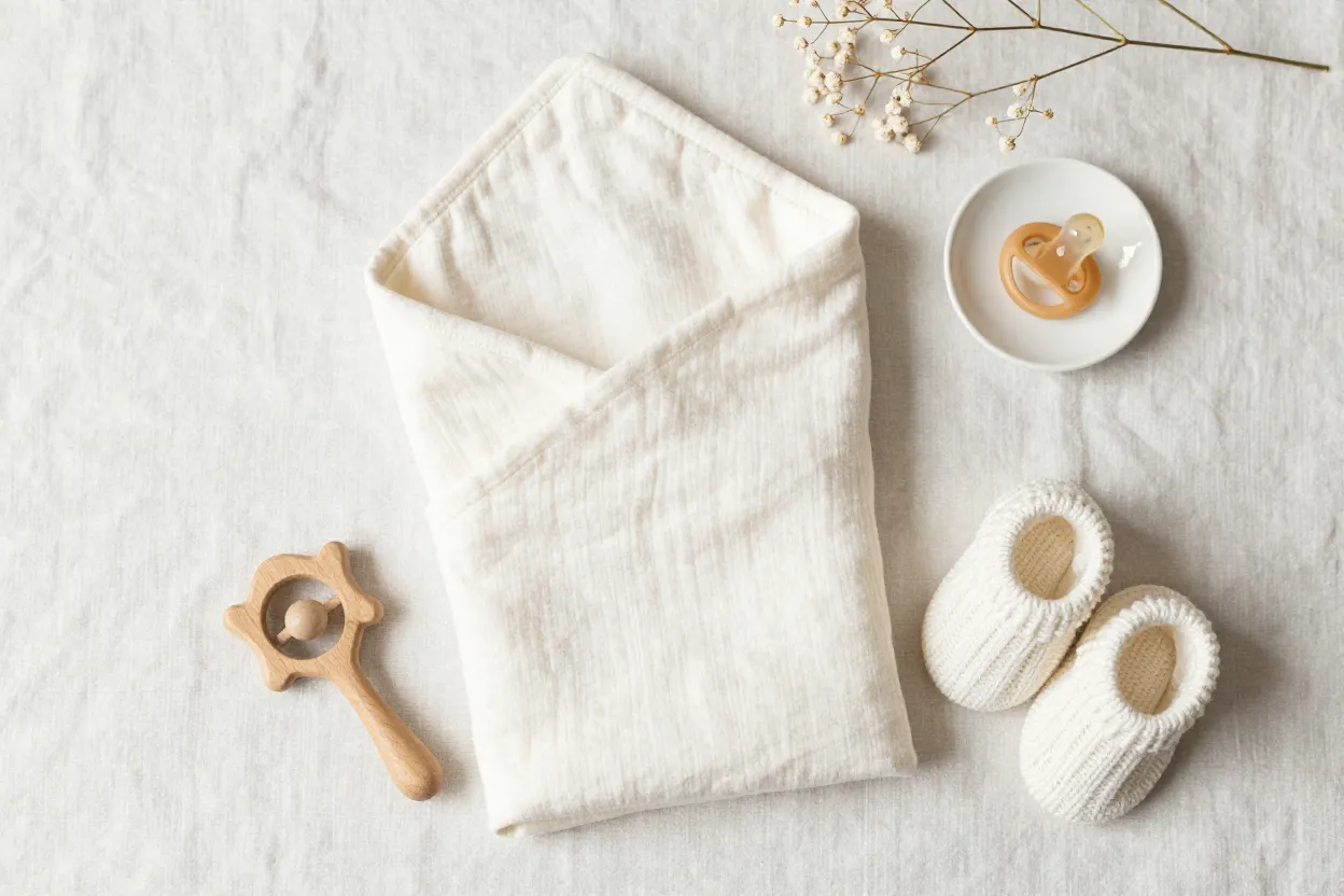 Overhead flat-lay on pale linen of a baby shower gift vignette — folded cream muslin swaddle, small wooden rattle, knit booties, ceramic dish with pacifier, dried baby’s breath