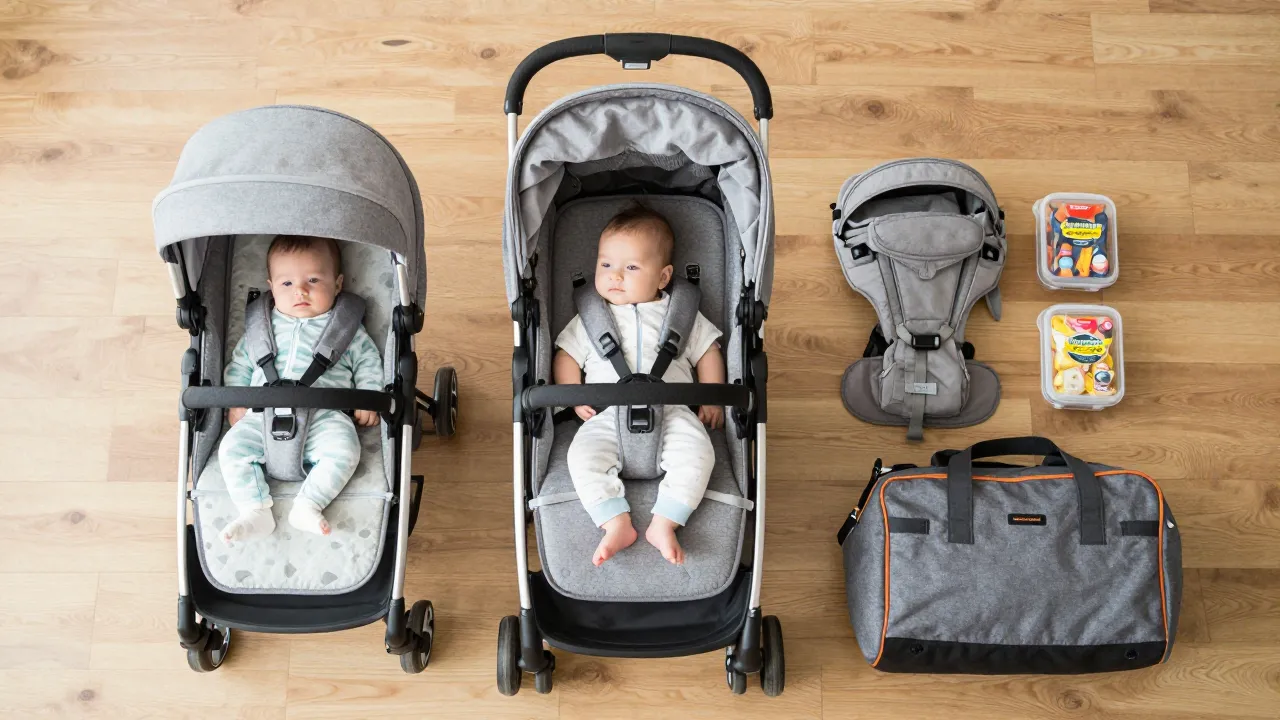 Parent loading compact travel stroller into car trunk with baby gear neatly packed