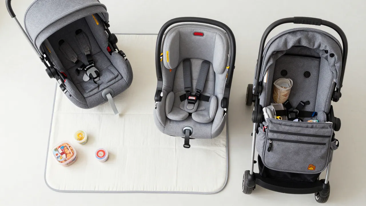 Organized flat-lay of baby travel gear including portable changing pad stroller fold and diaper bag