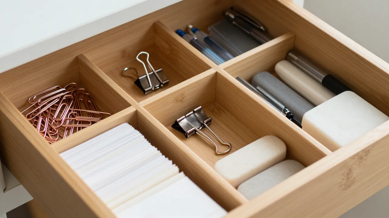 Neatly organized desk drawer with rose gold paper clips, binder clips, and mechanical pencils in bamboo organizer