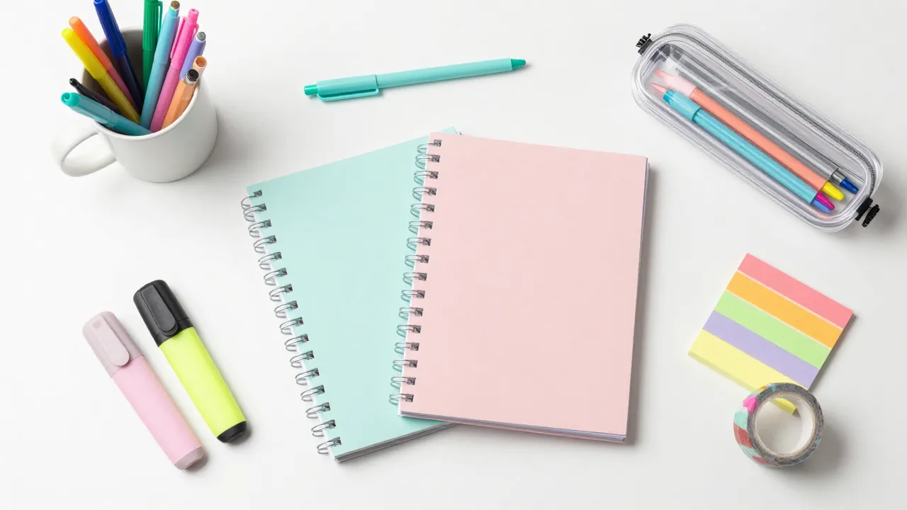Colorful flat-lay of school supplies with pastel highlighters, gel pens, spiral notebooks, and washi tape on white desk