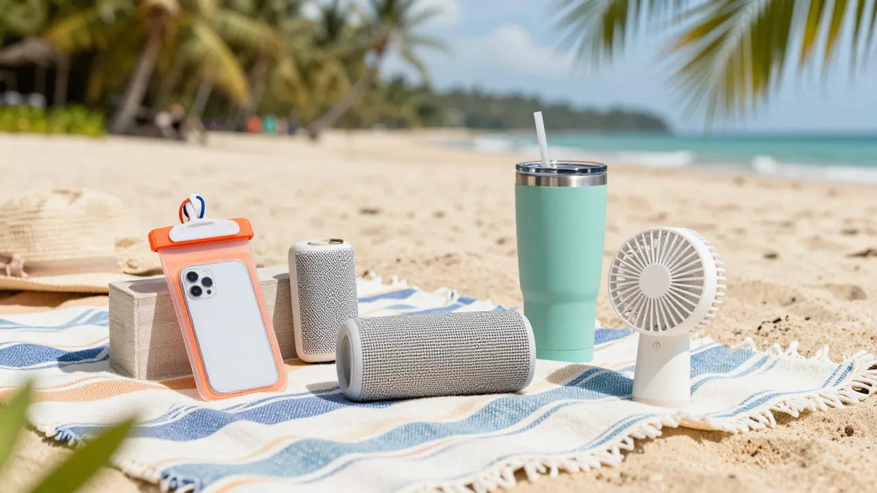 Tropical beach travel accessories on striped beach blanket — speaker, tumbler, phone pouch