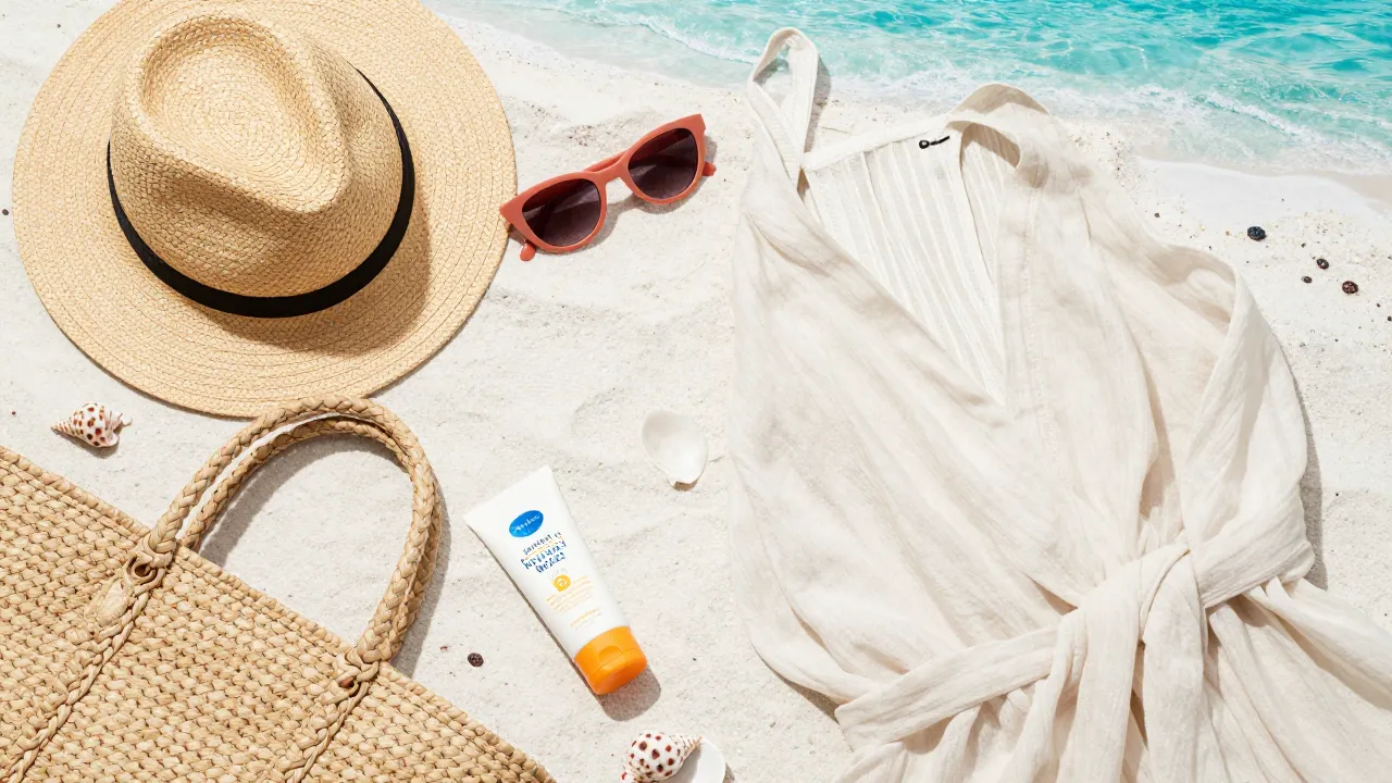 Beach vacation essentials flat-lay on white sand with straw hat, sunglasses, and woven tote