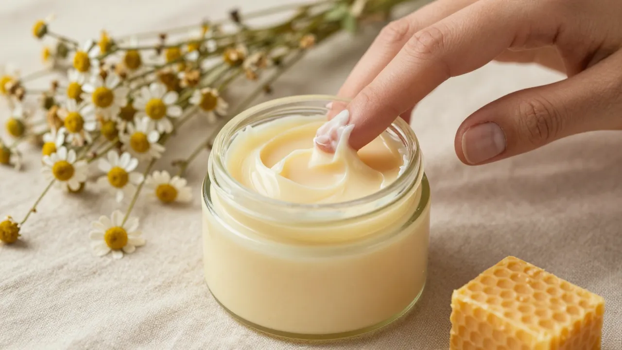 Hand scooping creamy white tallow balm from an open glass jar with chamomile flowers nearby