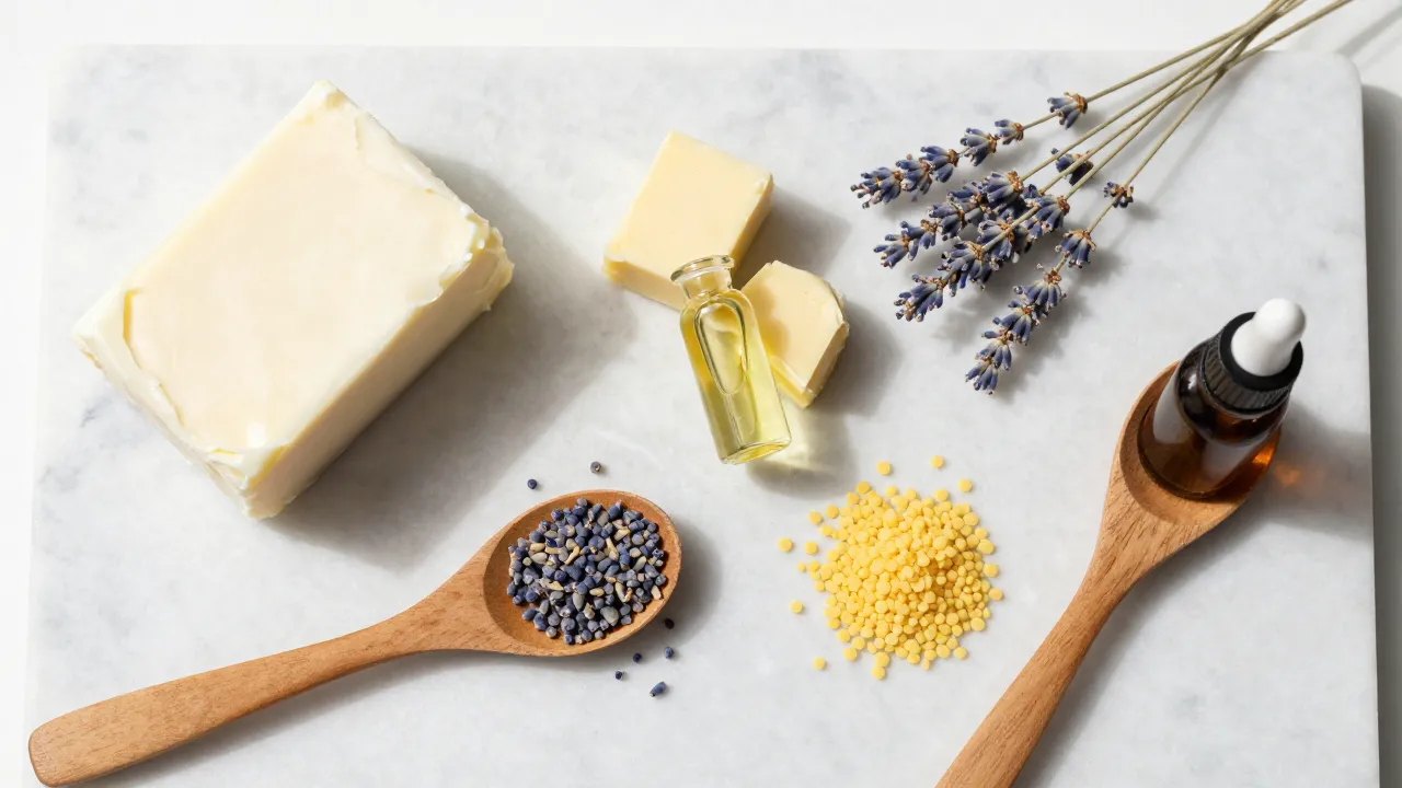Flat-lay of beef tallow skincare ingredients including shea butter, beeswax pellets, and lavender