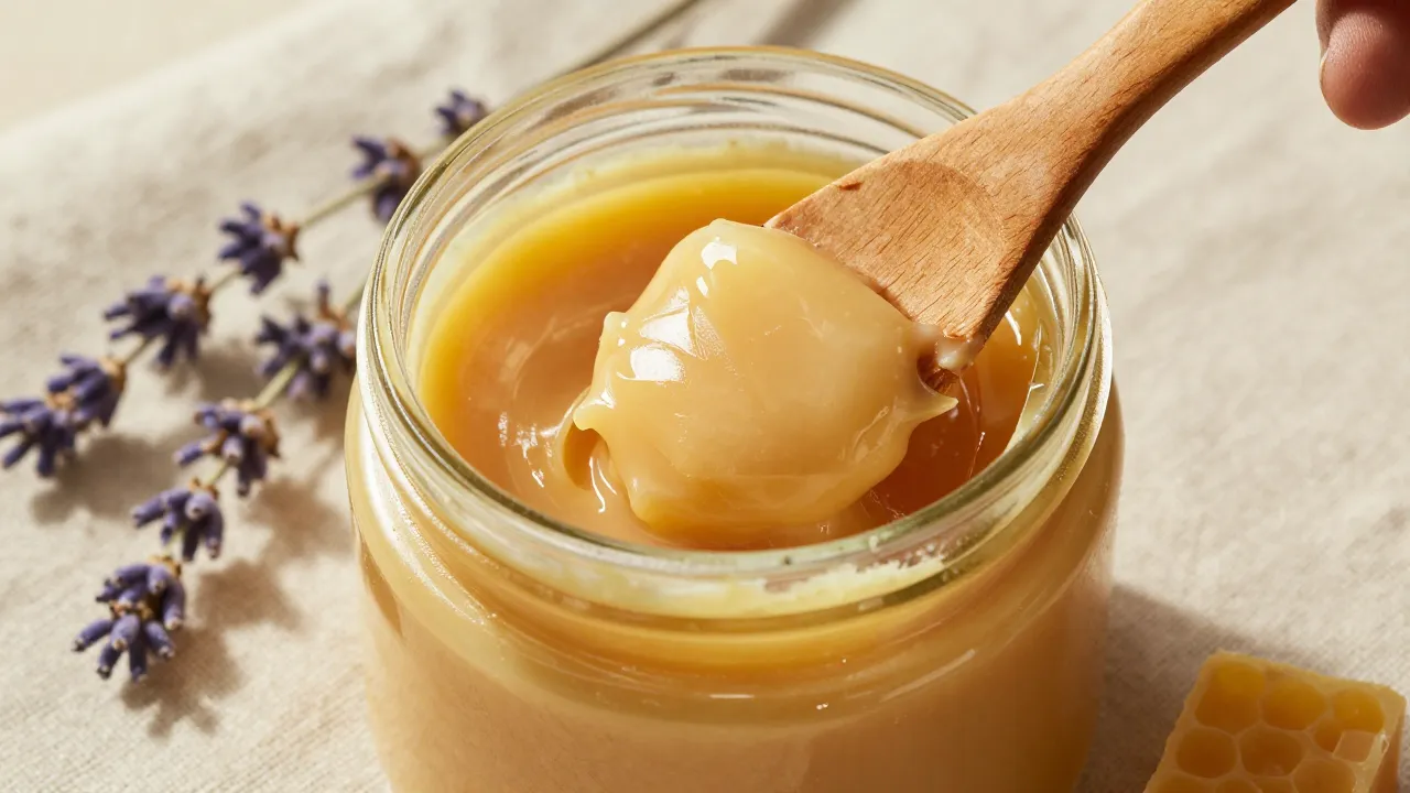 Rich golden beef tallow being scooped from a glass jar with dried lavender and beeswax