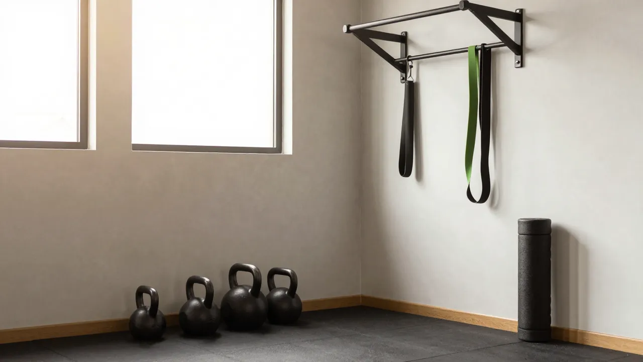 Home gym corner with kettlebells, pull-up bar, resistance bands, and foam roller