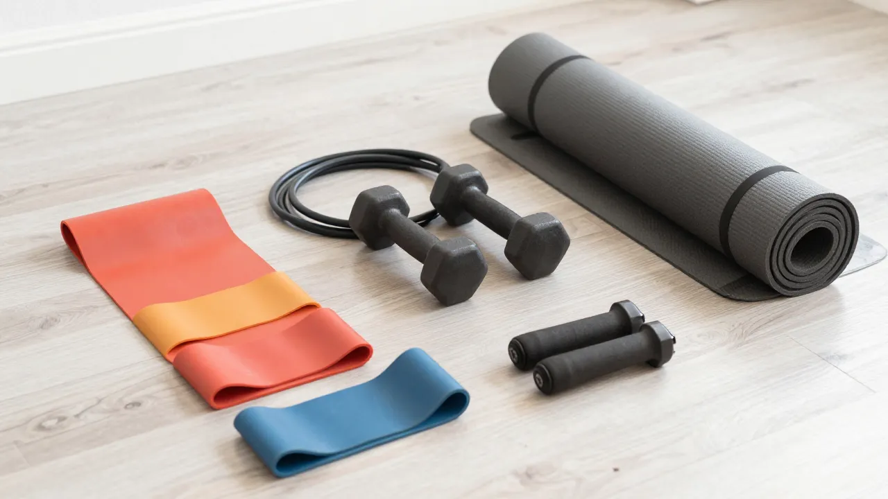 Home gym setup with colorful resistance bands, dumbbells, yoga mat, and jump rope on wooden floor