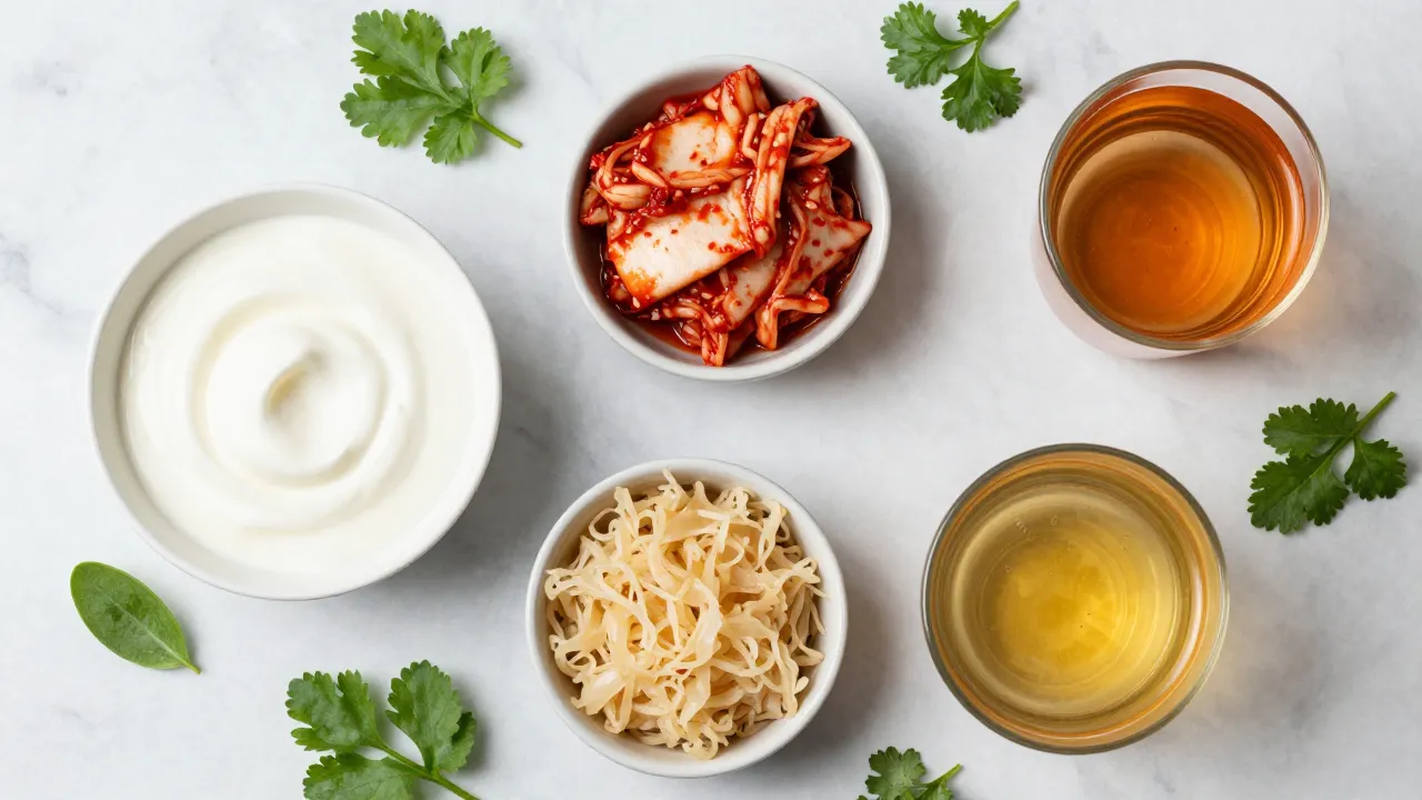 Probiotic-rich foods — yogurt, kimchi, sauerkraut, and kombucha on marble countertop