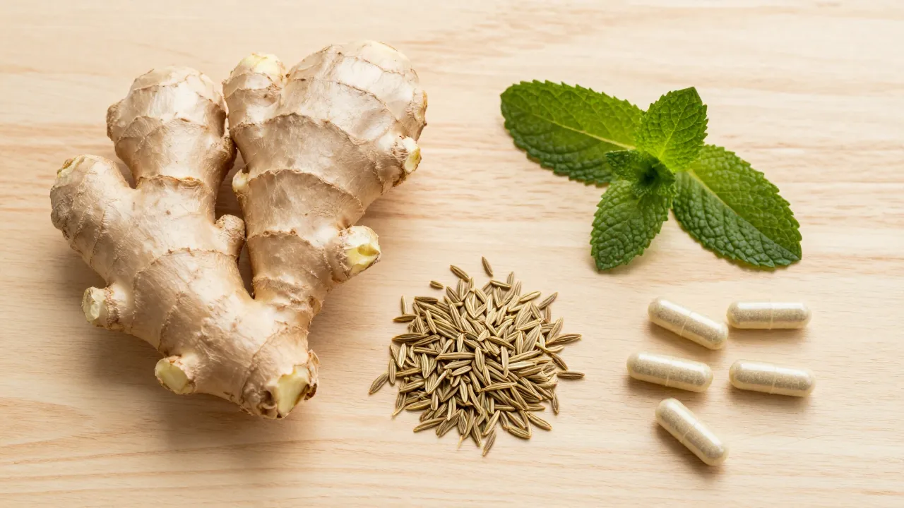 Natural bloating relief ingredients — ginger root, peppermint leaves, fennel seeds on wooden board