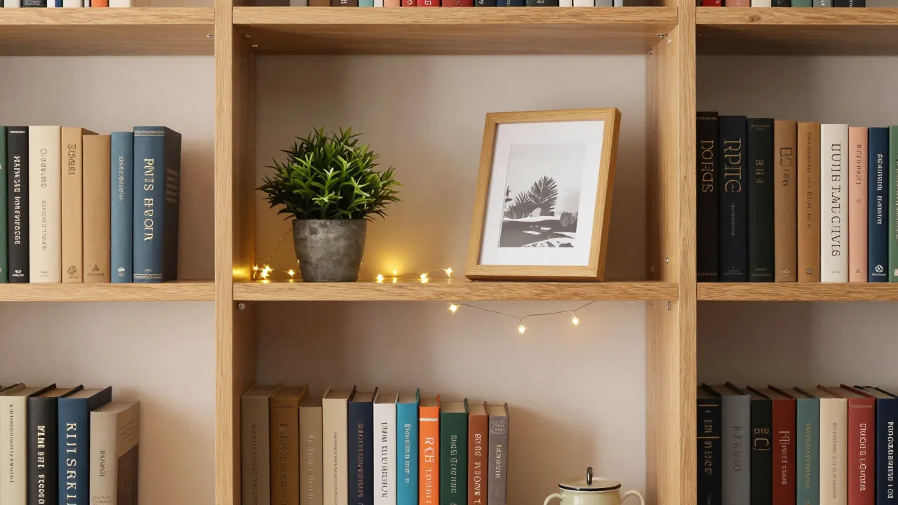 Aesthetic bookshelf shelfie with arranged hardcovers, potted plant, and fairy lights