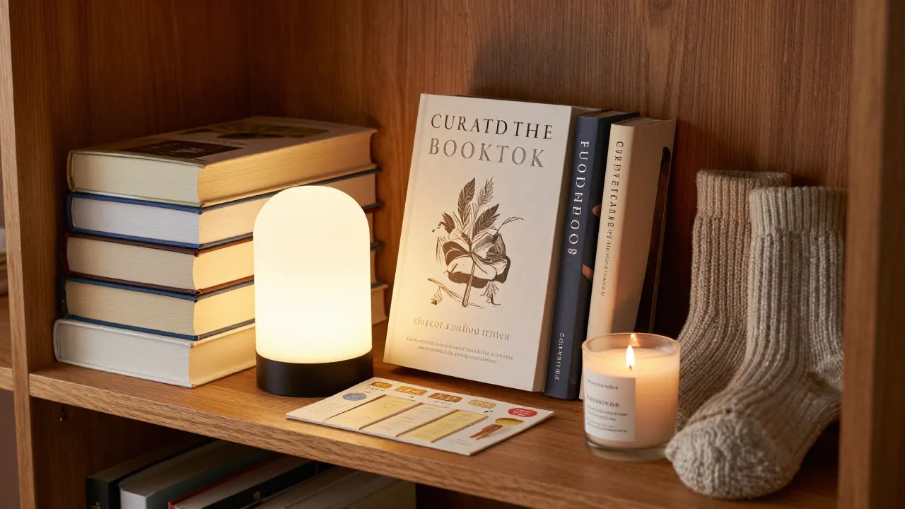 BookTok gift set — stack of hardcovers, book light, bookmarks, literary candle on wooden shelf