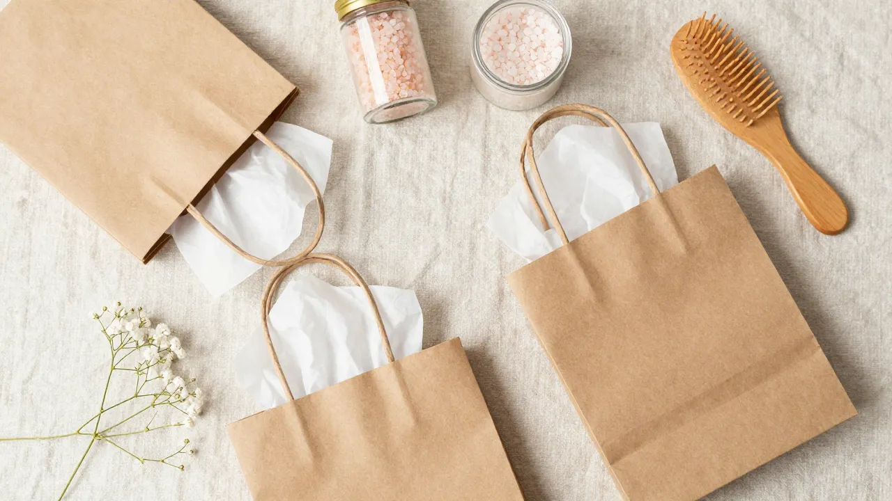 Matching kraft paper gift bags with cosmetics pouch, bath salts, wooden hair comb, and baby breath on linen tablecloth