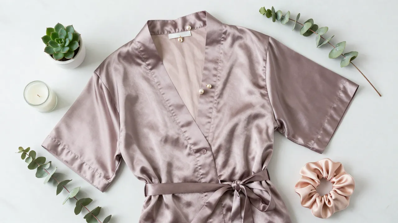 Elegant bridesmaid gift flat-lay on white marble with satin robe, pearl earrings, succulent, candle, and silk scrunchies