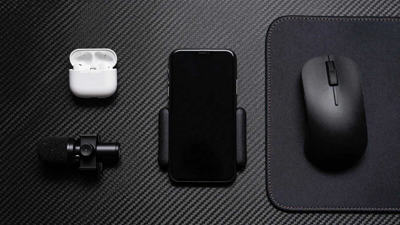 Budget gaming setup flat-lay with earbuds case, phone controller grip, mic boom, and mouse pad on carbon fiber surface