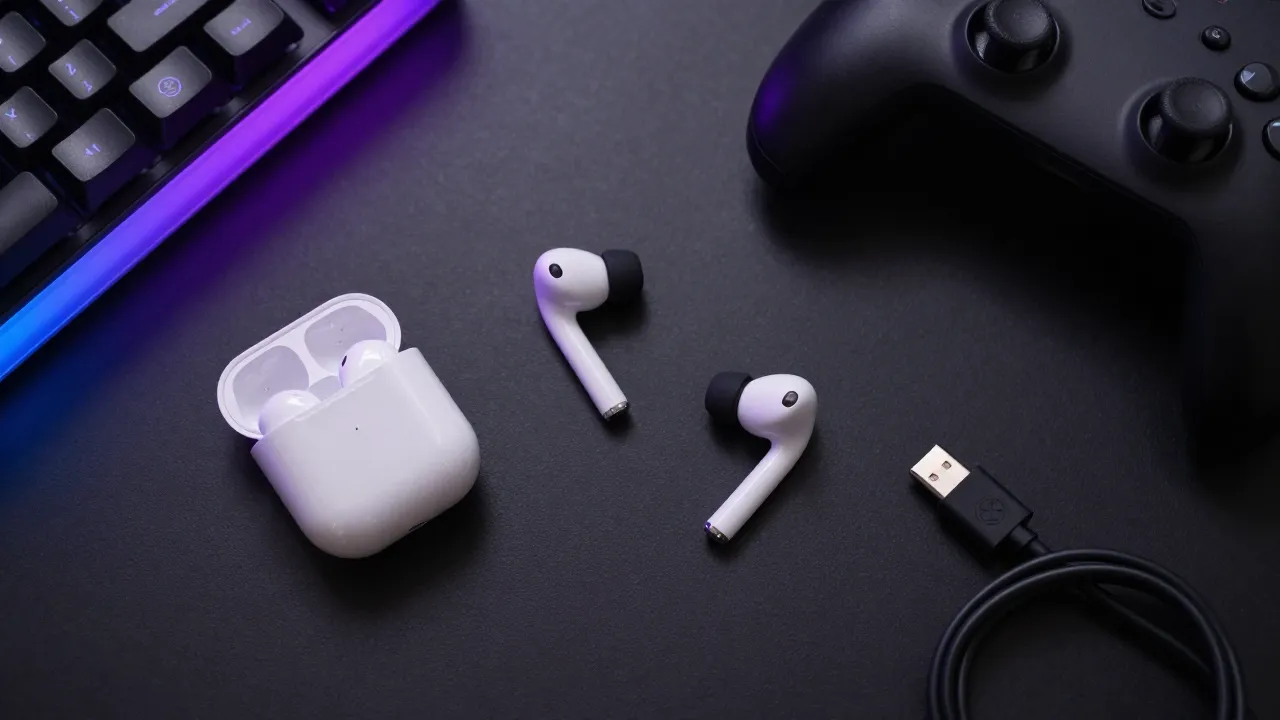 Overhead flat-lay of wireless earbuds and gaming accessories on dark matte desk with RGB lighting