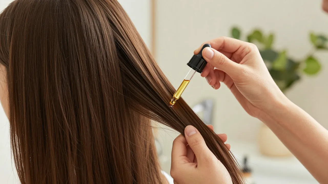 Castor oil being applied to hair ends with glass dropper in warm bathroom setting