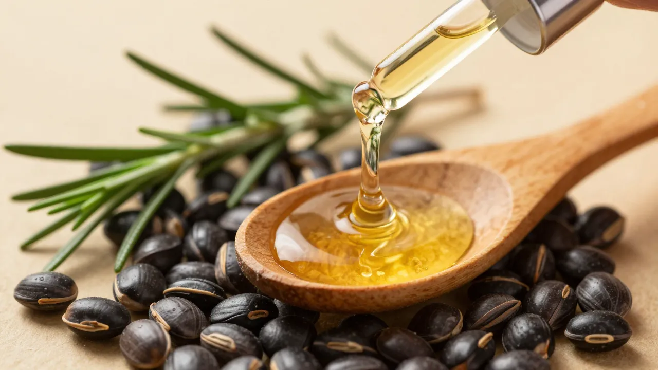 Golden castor oil poured from glass dropper with castor beans and rosemary sprigs